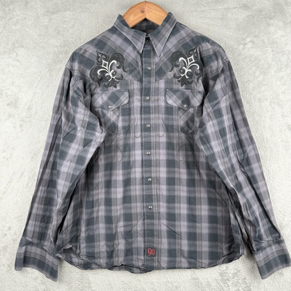 Panhandle Western Shirt Mens XL Gray Plaid Embroidery Fleur De Lis Pearl Snap
